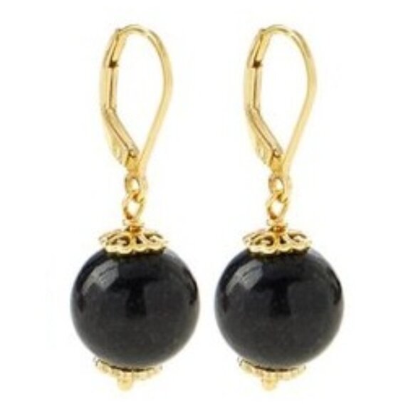 Jade of Yesteryear Charcoal Black Bead Drop Earrings Gold pl Sterling Silver hsn - Picture 1 of 5